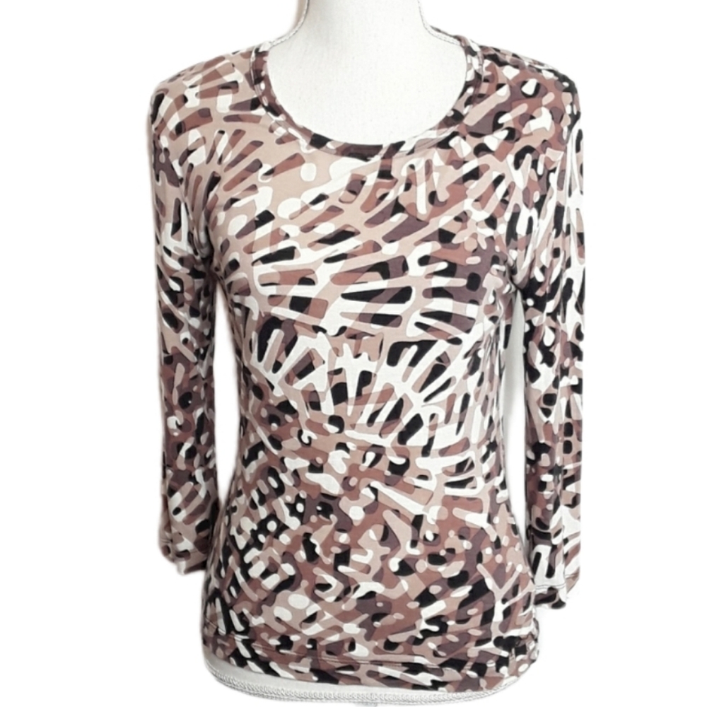 St. John Nautical Brown Tan White Abstract Print Long Sleeve Blouse EUC sz 2
